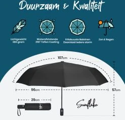 Sunflake Stormparaplu Opvouwbaar - Stormbestendig Tot 140km/u - Automatisch Uitklapbaar - Incl. Beschermhoes En Reisetui - Zwart -Regenjas En Paraplu 1200x1145