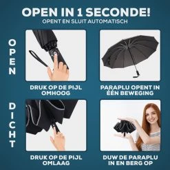 Stormparaplu - Opvouwbaar - 105 CM - Paraplu - Automatisch In En Uit Klapbaar - Stormbestendig Tot 140 Km/h - Luxe Beschermhoes -Regenjas En Paraplu 1200x1200 141