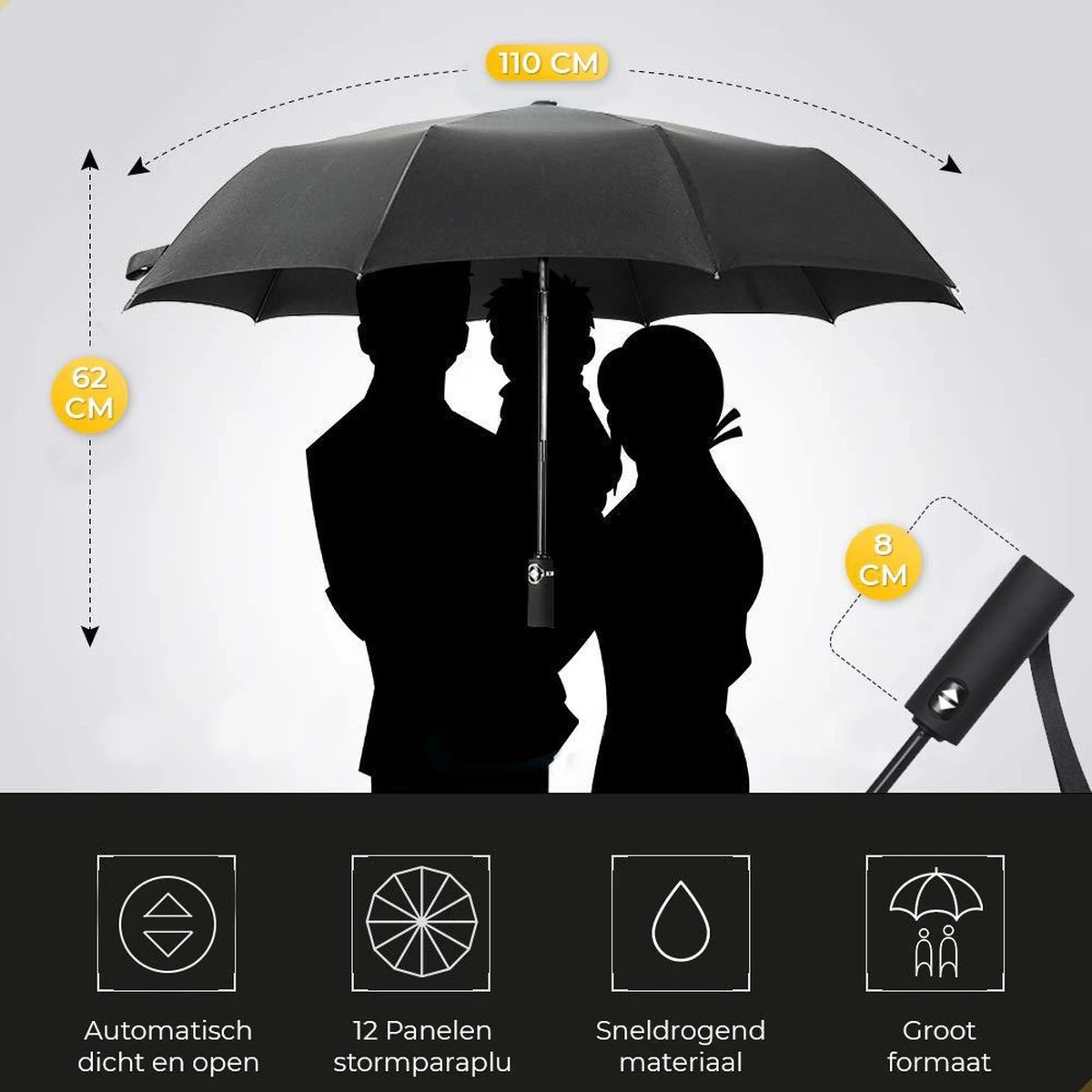 Storm Paraplu Opvouwbaar - Grijs - Polsband - Automatisch Uitklapbaar - Tot 100km P/u Windproof - 110 Cm - 12 Panelen 12 Storm Paraplu Opvouwbaar - Grijs - Polsband - Automatisch Uitklapbaar - Tot 100km P/u Windproof - 110 Cm - 12 Panelen - Afbeelding 10